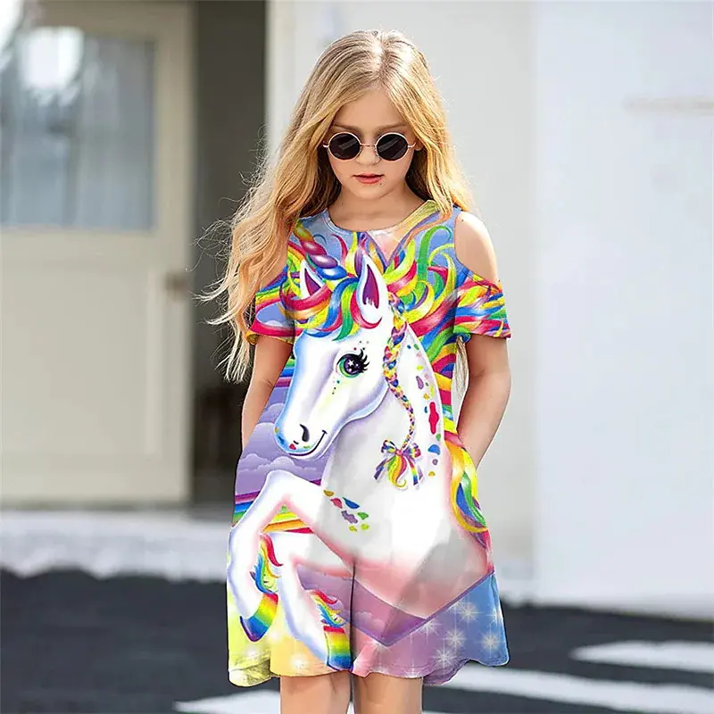 Summer unicorn graphic print girls off-the-shoulder round neck fashion dress hot sale