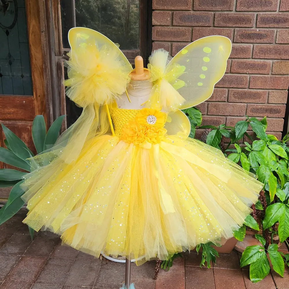 Girls Pink Flower Fairy Dress Kids Glitter Tutu Dress with Butterfly Wing and Stick Hairbow Set Children Cosplay Party Costumes