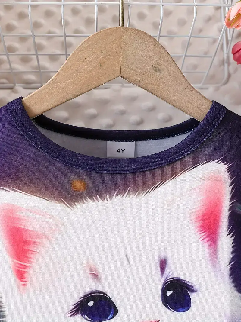 Girls Cute Cat Princess Dress, Long-Sleeved Kitten Print Dress, Casual Children's Cat Fashion Clothing, Theme Party Clothing