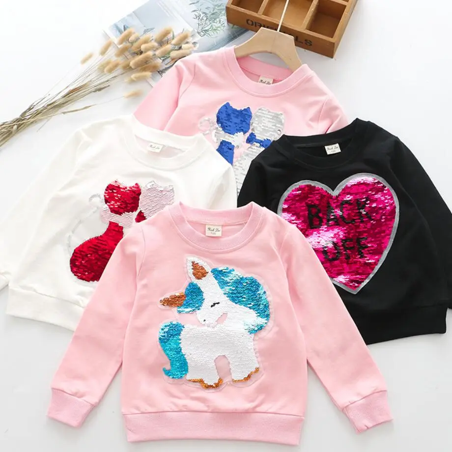 Cute Cat Baby Girls Hoody Sweatshirt Toddler Kids Cotton Sequins Unicorn Cartoon Sweater Children Spring Autumn Clothes Tops