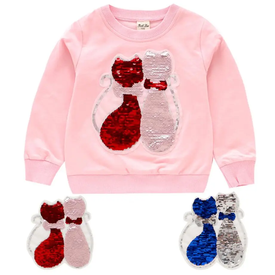 Cute Cat Baby Girls Hoody Sweatshirt Toddler Kids Cotton Sequins Unicorn Cartoon Sweater Children Spring Autumn Clothes Tops