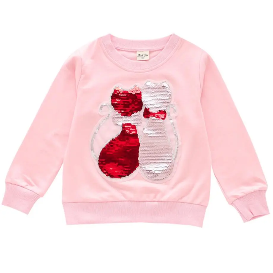 Cute Cat Baby Girls Hoody Sweatshirt Toddler Kids Cotton Sequins Unicorn Cartoon Sweater Children Spring Autumn Clothes Tops