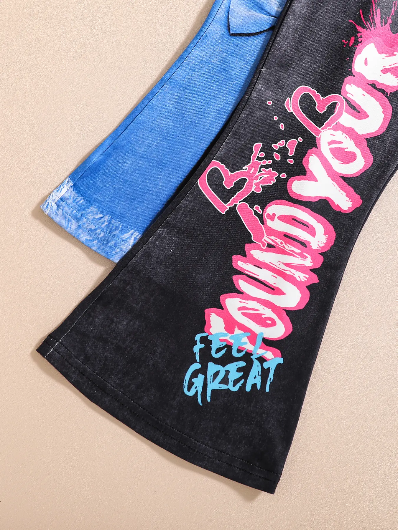Suitable for four seasons wear girls fashion casual imitation denim bell pants cartoon print casual wide leg bell pants 2 pieces