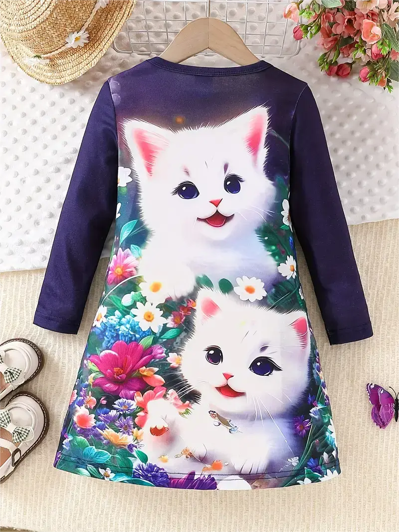 Girls Cute Cat Princess Dress, Long-Sleeved Kitten Print Dress, Casual Children's Cat Fashion Clothing, Theme Party Clothing