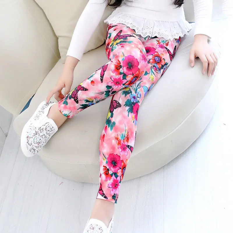 Girls Leggings Stretch Spring Summer Flower Printed Kids Children Pants