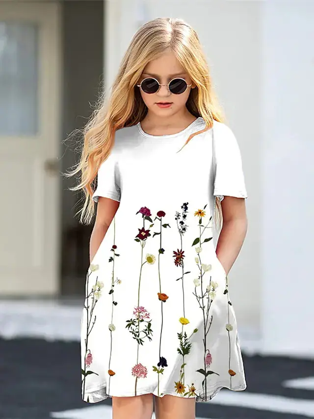 Summer print girls off-the-shoulder round neck fashion dress hot sale