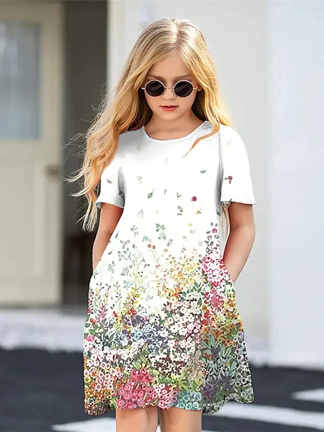 Summer print girls off-the-shoulder round neck fashion dress hot sale