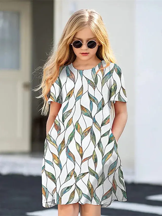 Summer print girls off-the-shoulder round neck fashion dress hot sale