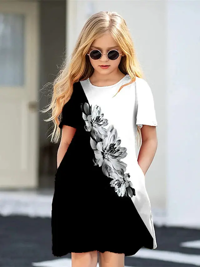 Summer print girls off-the-shoulder round neck fashion dress hot sale