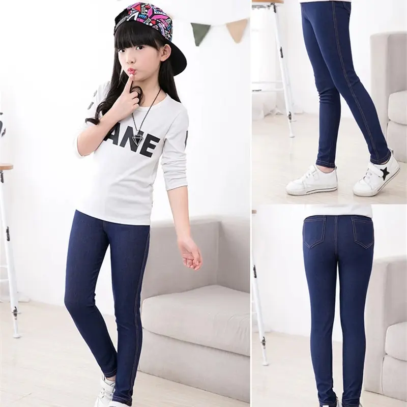 Teenager Children Kids Imitation Jeans for Girl Pants Spring Autumn Elasticity Slim Pencil Pants