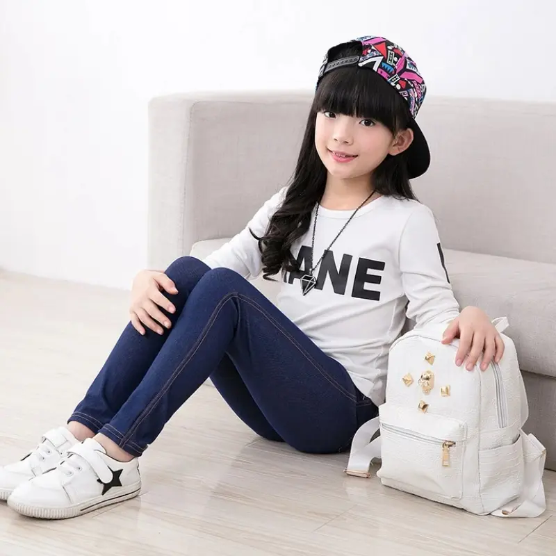 Teenager Children Kids Imitation Jeans for Girl Pants Spring Autumn Elasticity Slim Pencil Pants