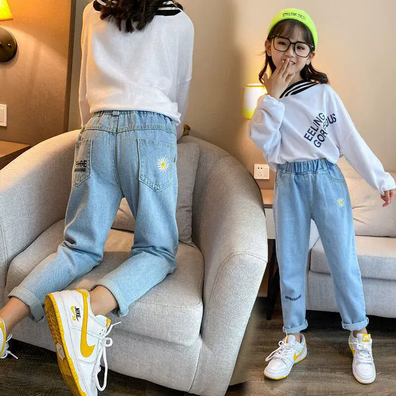 New Girls Fashion Jeans Spring Summer and Autumn Soft Casual Boutique Cotton Kawaii Girls Elegant Jean Kids Pants  3-12Y