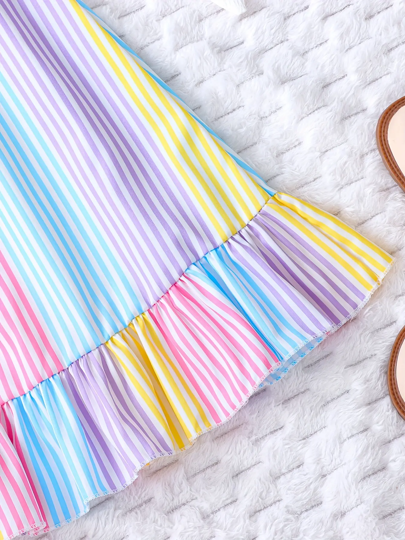 Girls' Summer Colorful Striped Ruffle Hem Dress Children's Summer Vacation Beach Play Suspender Dress