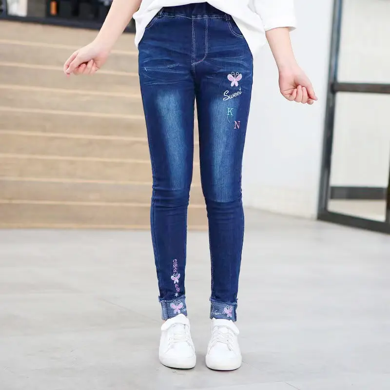 2-14 Years Spring and Autumn Casual Kids Embroidery Design Kids Jeans Trousers For Girls Jeans Pants Teen Children's Clothing