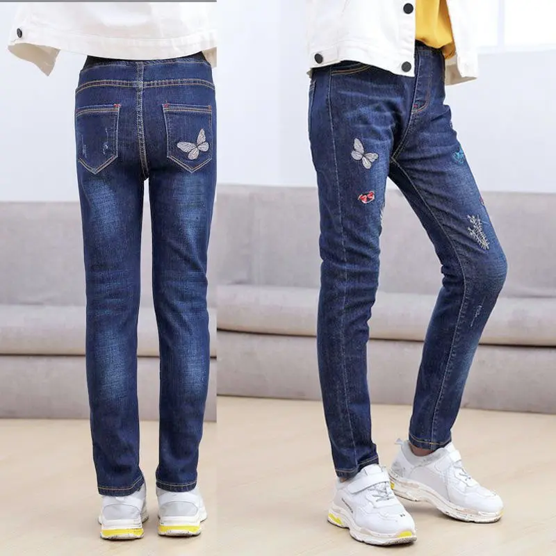 2-14 Years Spring and Autumn Casual Kids Embroidery Design Kids Jeans Trousers For Girls Jeans Pants Teen Children's Clothing