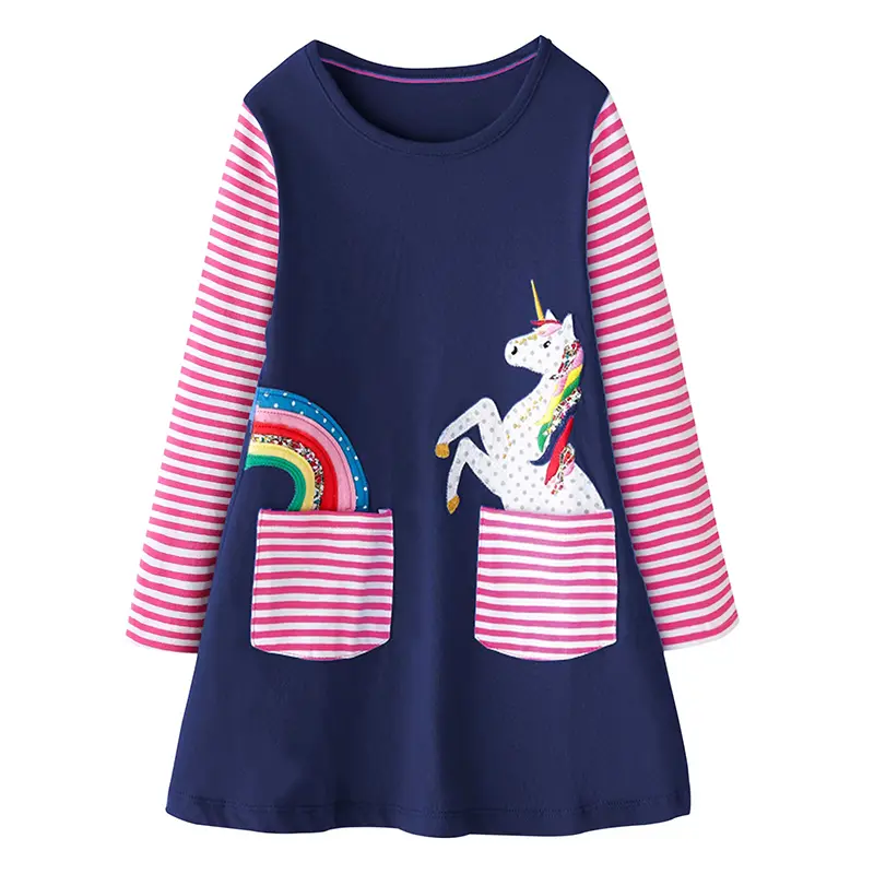 Jumping Meters 3-7T Dog Embroidery Children's Princess Girls Dresses  Striped Animals Long Sleeve Autumn Kids Birthday Dress