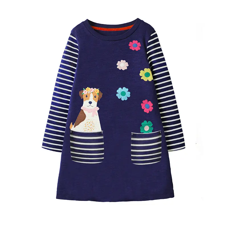 Jumping Meters 3-7T Dog Embroidery Children's Princess Girls Dresses  Striped Animals Long Sleeve Autumn Kids Birthday Dress
