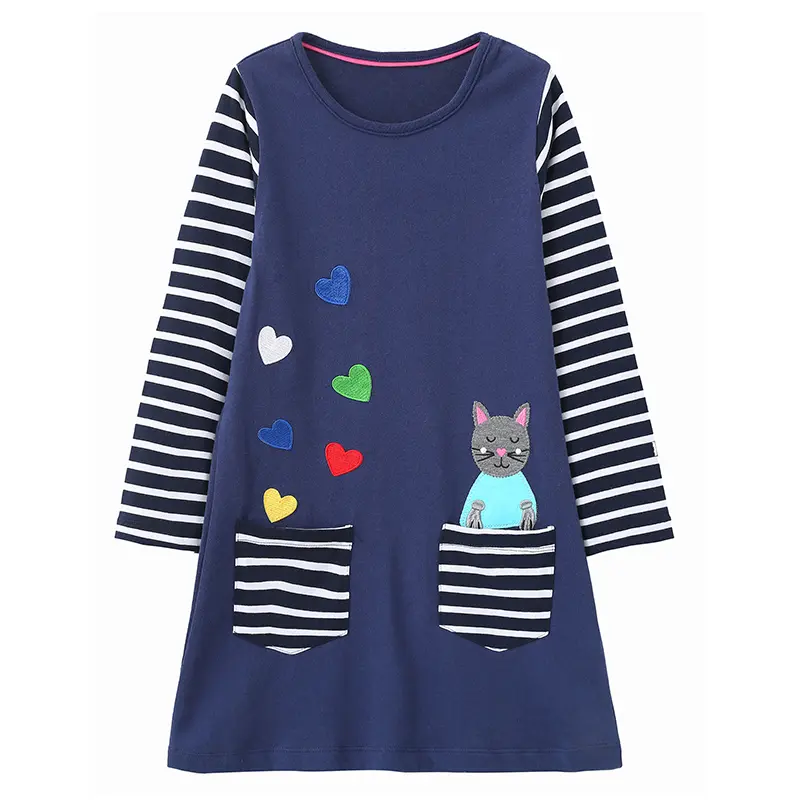 Jumping Meters 3-7T Dog Embroidery Children's Princess Girls Dresses  Striped Animals Long Sleeve Autumn Kids Birthday Dress