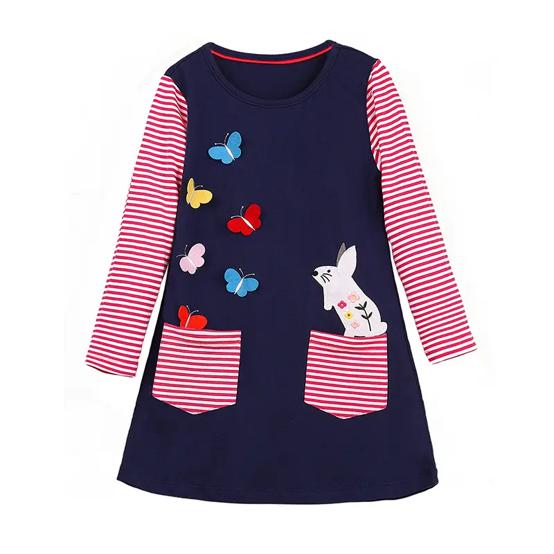 Jumping Meters 3-7T Dog Embroidery Children's Princess Girls Dresses  Striped Animals Long Sleeve Autumn Kids Birthday Dress