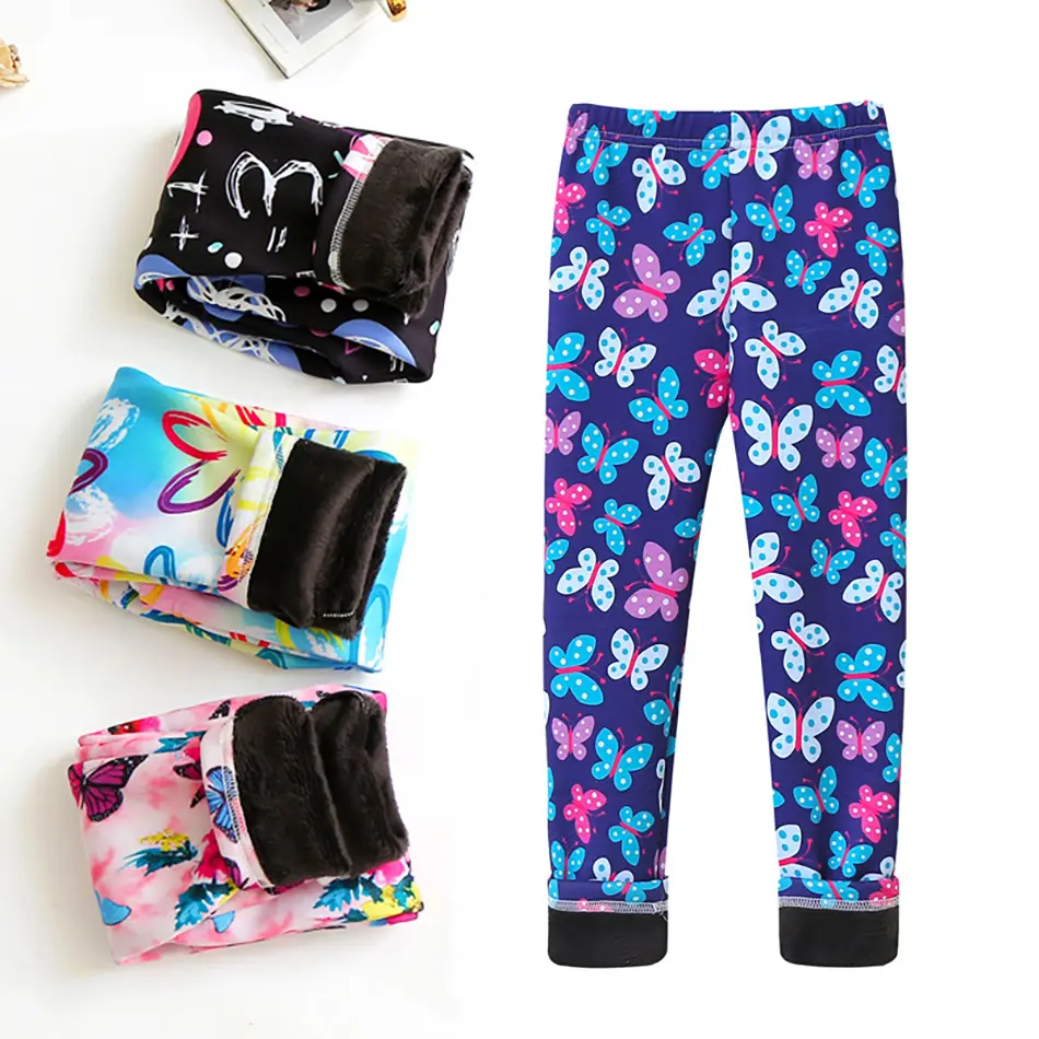Girls Warm Plush Long Pants for Autumn Spring Cartoon Butterfly Striped Soft Cozy Leggings Fleece-Lined Bottoms Kids Casual Wear