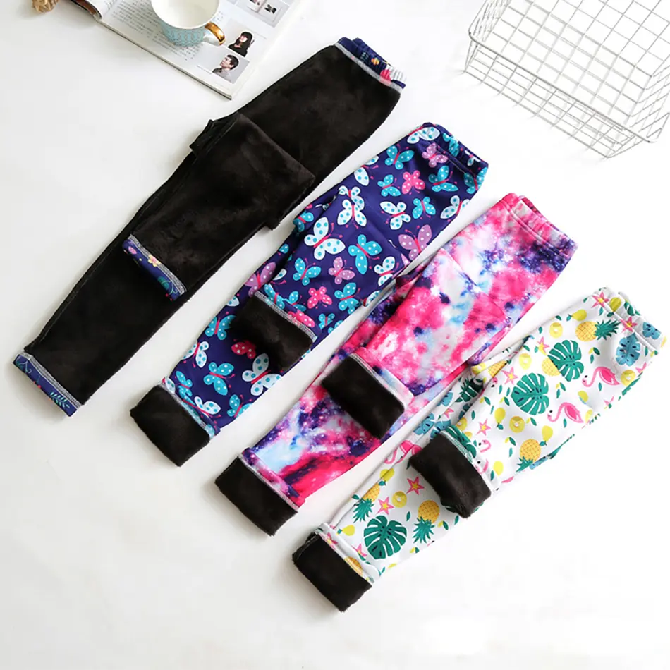 Girls Warm Plush Long Pants for Autumn Spring Cartoon Butterfly Striped Soft Cozy Leggings Fleece-Lined Bottoms Kids Casual Wear