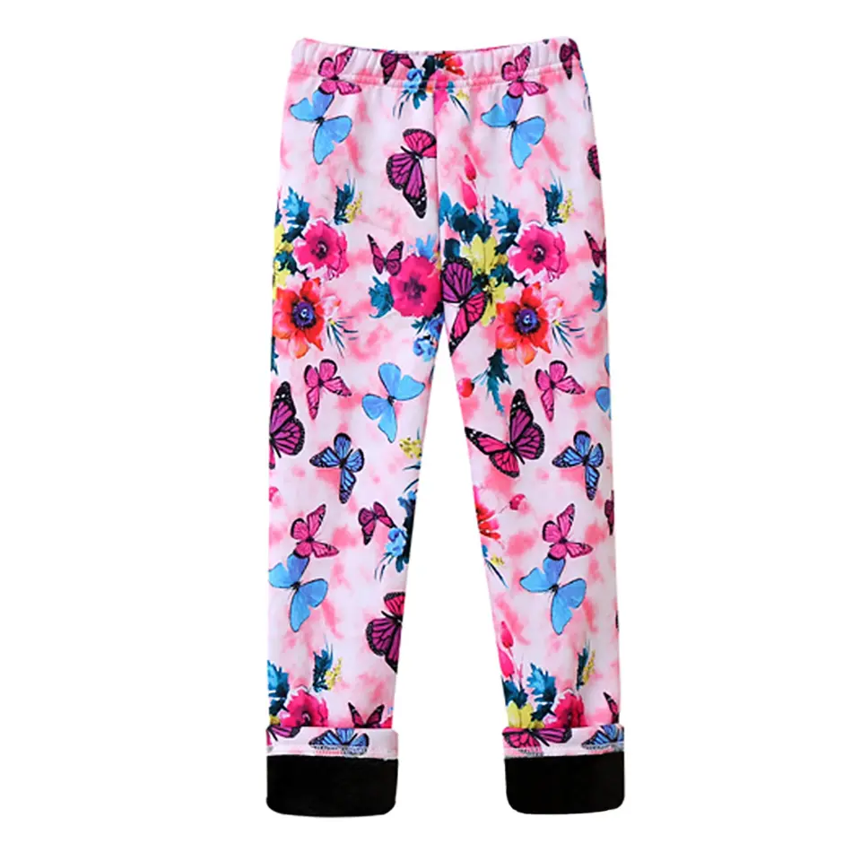 Girls Warm Plush Long Pants for Autumn Spring Cartoon Butterfly Striped Soft Cozy Leggings Fleece-Lined Bottoms Kids Casual Wear