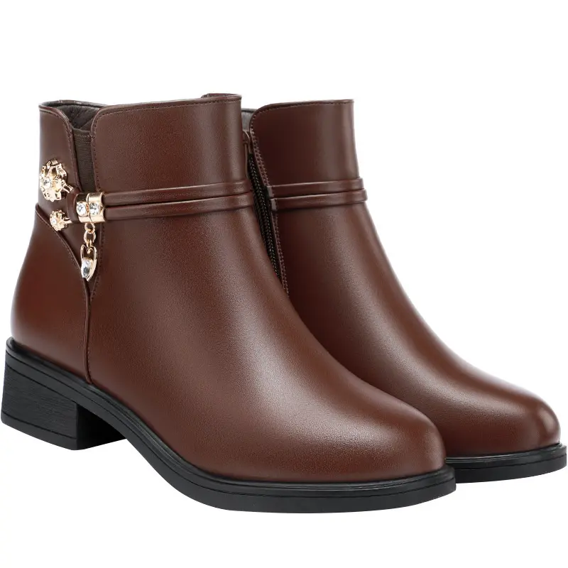 Winter Women Bare Boots Fashion Warm Short Boots Chunky Heels Comfortable Waterproof Fleece Soft Sole Snow Boots