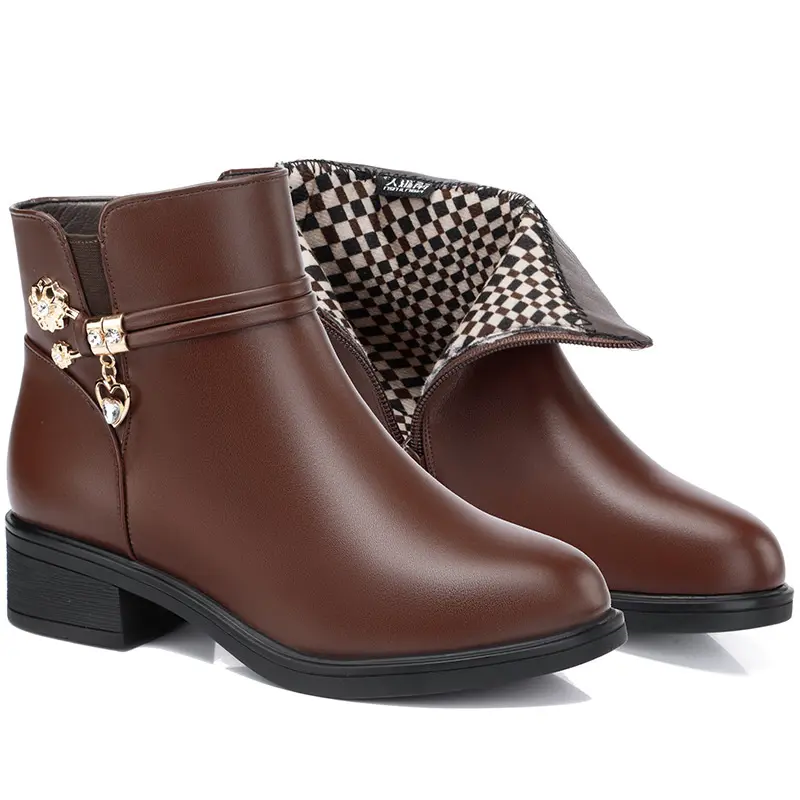 Winter Women Bare Boots Fashion Warm Short Boots Chunky Heels Comfortable Waterproof Fleece Soft Sole Snow Boots