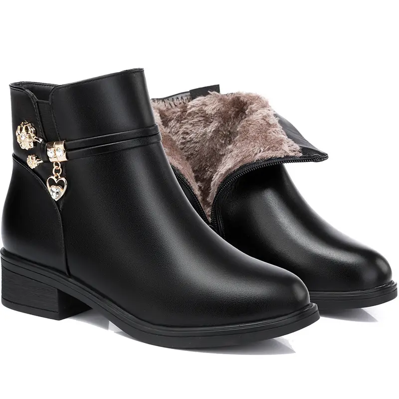 Winter Women Bare Boots Fashion Warm Short Boots Chunky Heels Comfortable Waterproof Fleece Soft Sole Snow Boots