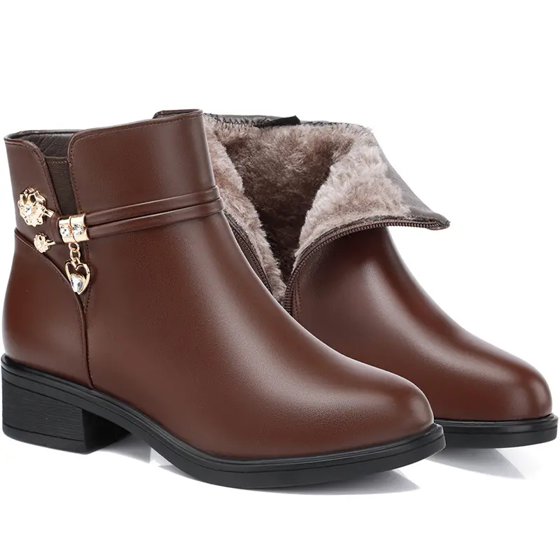 Winter Women Bare Boots Fashion Warm Short Boots Chunky Heels Comfortable Waterproof Fleece Soft Sole Snow Boots