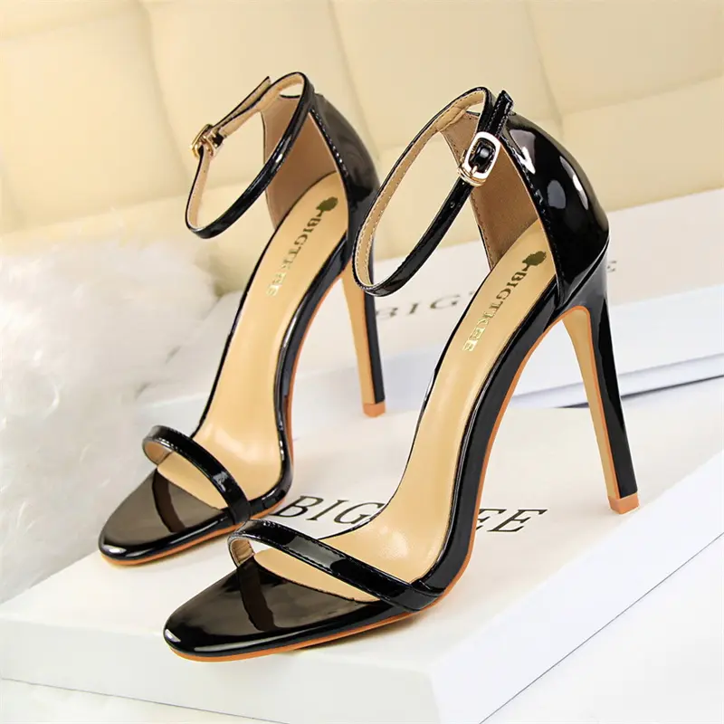 Women Fashion Patent Leather Open Toe Sandals  Red Thin High Heel Shoes Valentine Green Solid Summer Classic Sexy Pumps