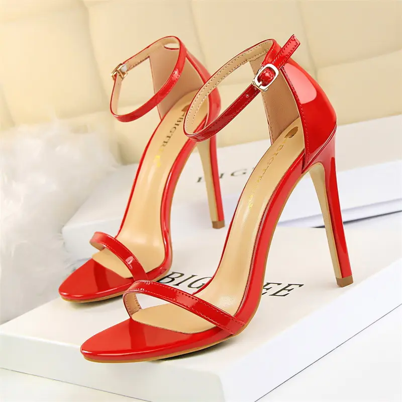 Women Fashion Patent Leather Open Toe Sandals  Red Thin High Heel Shoes Valentine Green Solid Summer Classic Sexy Pumps
