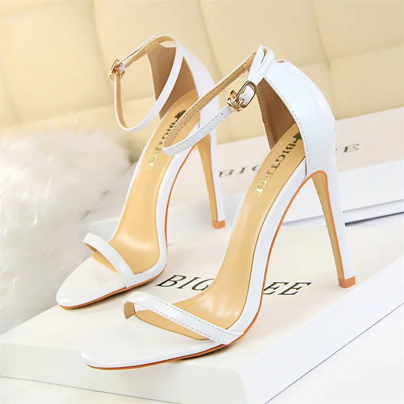 Women Fashion Patent Leather Open Toe Sandals  Red Thin High Heel Shoes Valentine Green Solid Summer Classic Sexy Pumps
