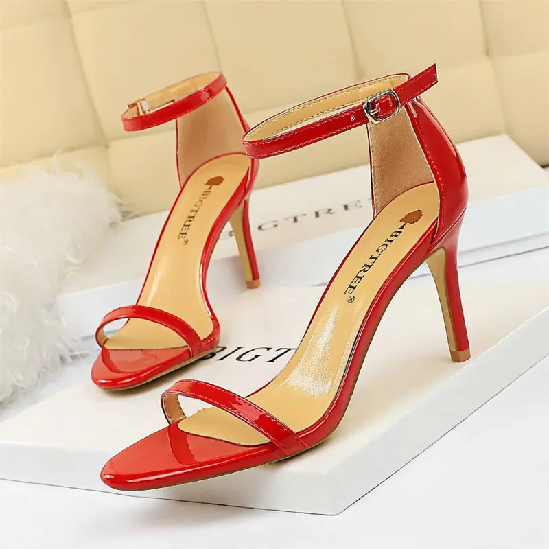 Women Fashion Patent Leather Open Toe Sandals  Red Thin High Heel Shoes Valentine Green Solid Summer Classic Sexy Pumps