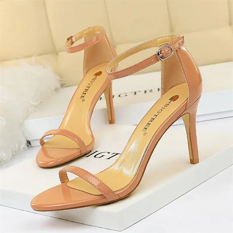 Women Fashion Patent Leather Open Toe Sandals  Red Thin High Heel Shoes Valentine Green Solid Summer Classic Sexy Pumps