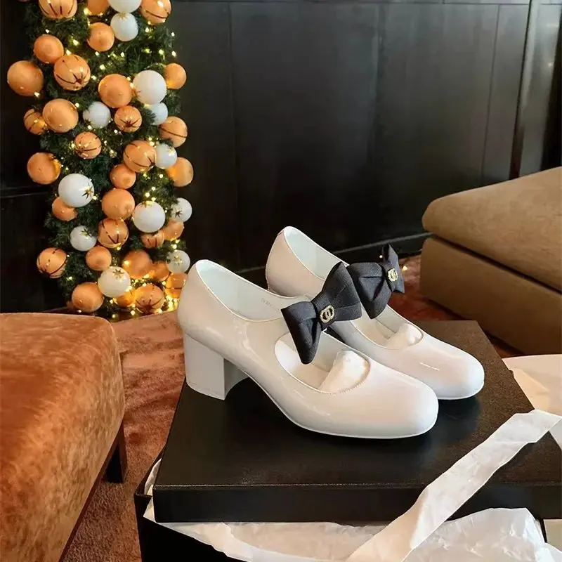 Spring Genuine Leather Women Shallow Mouth French Bow Round Head Thick Heels Small Fragrant Wind Mary Jane Leather Shoes