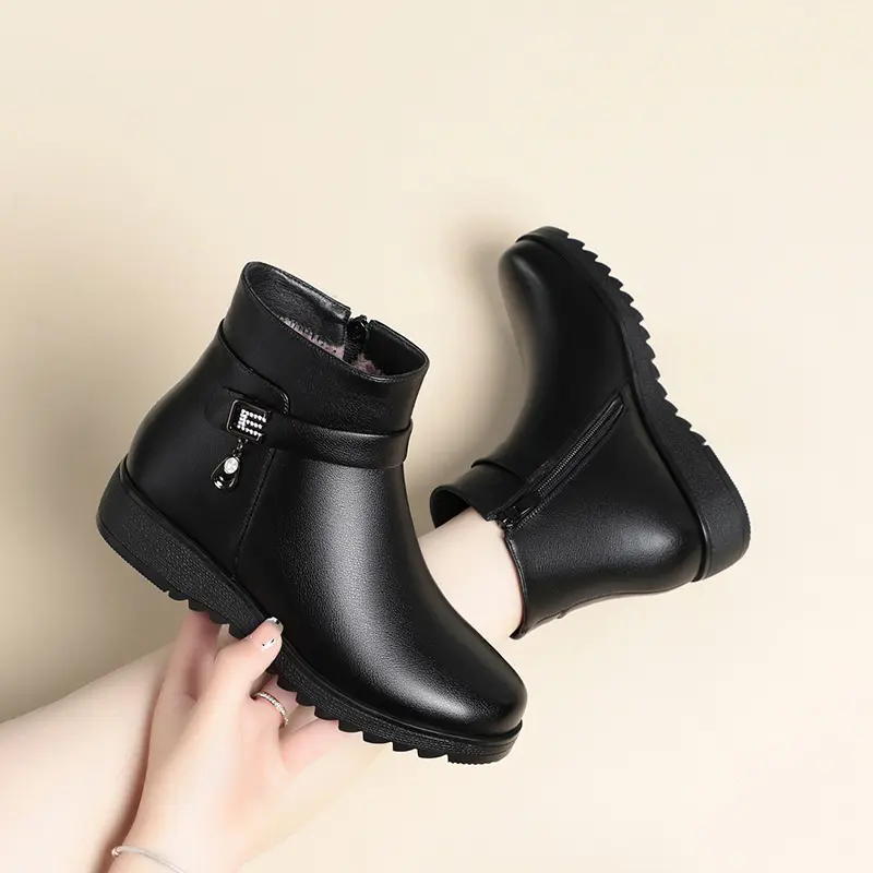 Mum Warm Cotton Soft Shoes Women Winter Fleece Side Zip Thick Bottom Short Boots Leisure Round Head Flats Boots