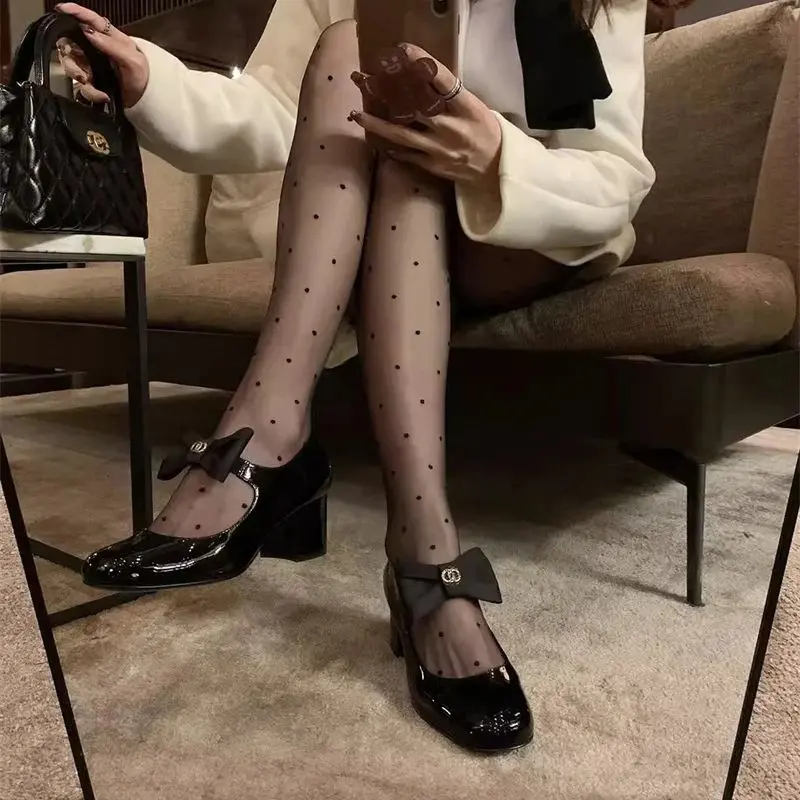 Spring Genuine Leather Women Shallow Mouth French Bow Round Head Thick Heels Small Fragrant Wind Mary Jane Leather Shoes