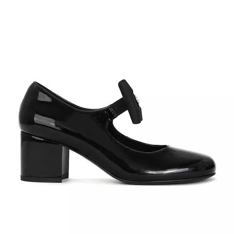 Spring Genuine Leather Women Shallow Mouth French Bow Round Head Thick Heels Small Fragrant Wind Mary Jane Leather Shoes