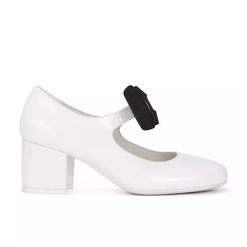 Spring Genuine Leather Women Shallow Mouth French Bow Round Head Thick Heels Small Fragrant Wind Mary Jane Leather Shoes