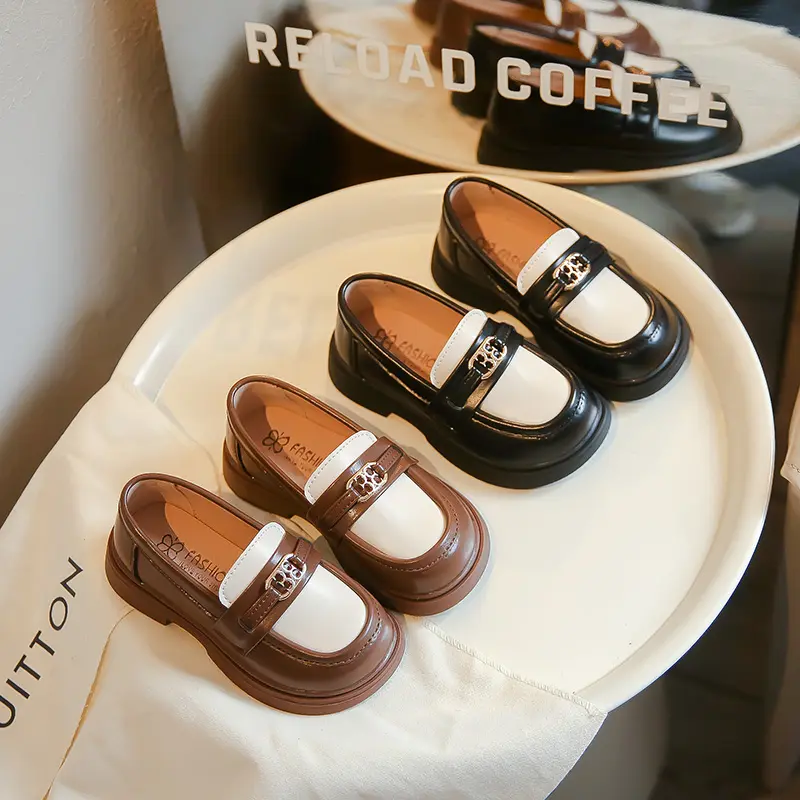 Children Loafers Patchwork Black Brown Autumn Trendy Kids Leather Shoes Flat Chunky Leisure Non-slip Boys Girls Shoes 23-35