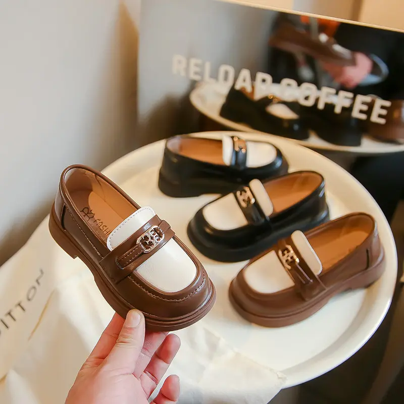 Children Loafers Patchwork Black Brown Autumn Trendy Kids Leather Shoes Flat Chunky Leisure Non-slip Boys Girls Shoes 23-35