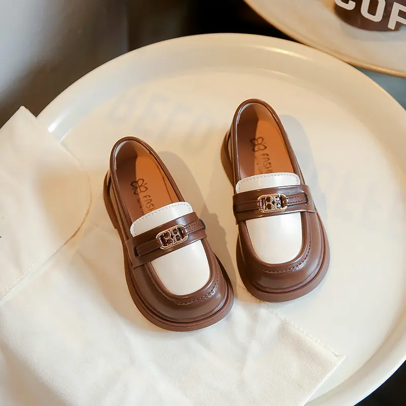 Children Loafers Patchwork Black Brown Autumn Trendy Kids Leather Shoes Flat Chunky Leisure Non-slip Boys Girls Shoes 23-35