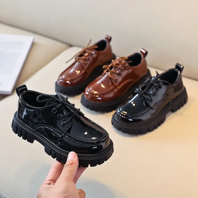 Mumoresip Solid Black Kid Shoes Autumn PU Unisex Shoes British Style Children Shoes Girls and Boys for Show Casual School Shoes