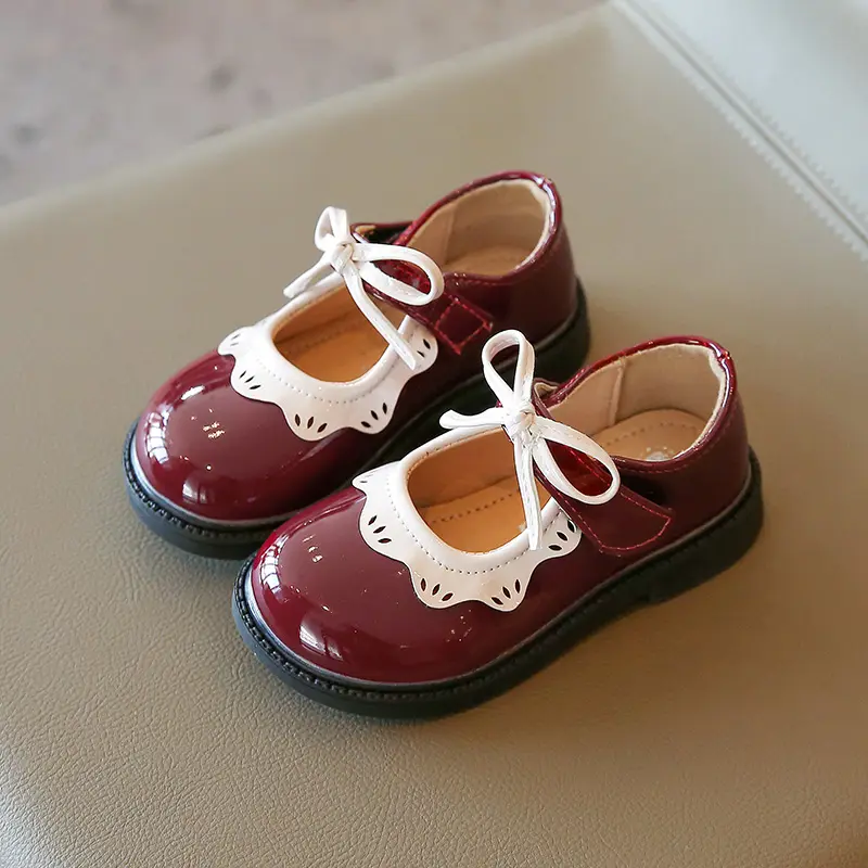 Autumn Girl's Mary Janes Ruffles Bowtie Black Wine Red Kids Leather Shoes Shallow Lovely Cute Flexiable Children Flat Shoe 21-35