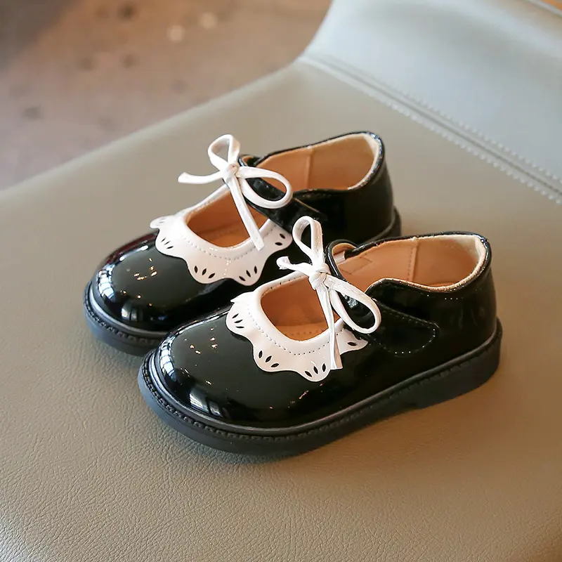 Autumn Girl's Mary Janes Ruffles Bowtie Black Wine Red Kids Leather Shoes Shallow Lovely Cute Flexiable Children Flat Shoe 21-35