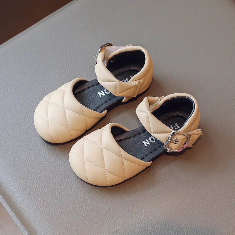 Children Leather Shoes Girl's Retro Rhombic lattice Quality Leather Flats Soft Sole Non-slip Princess Single Shoes Size 22-36