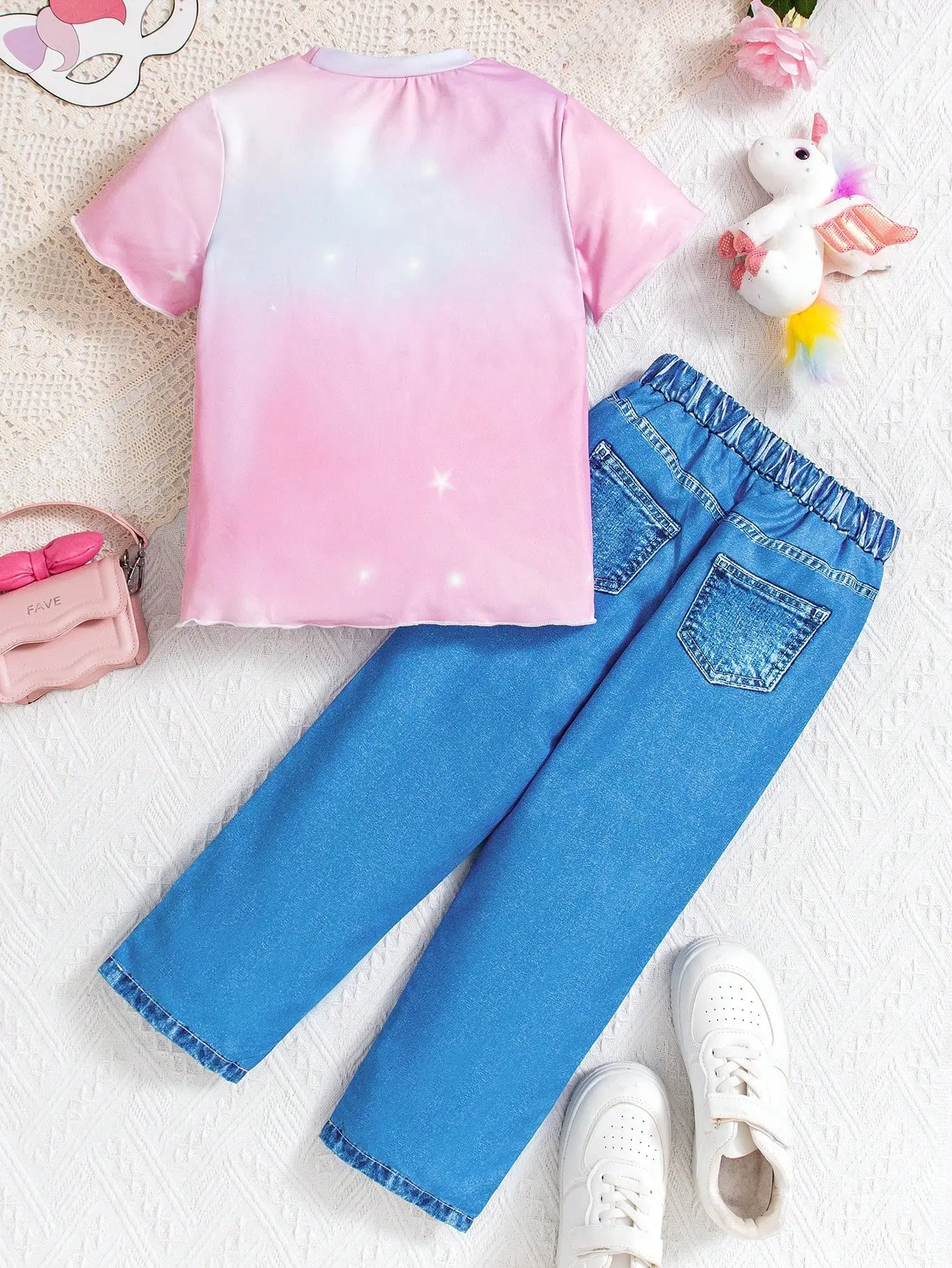 Girl's Tie-Dye Unicorn Tee & Denim-Print Pants Set, Cute Dreamy Outfit 4-7Y, Spring-Summer Casual Home & Outdoor Wear