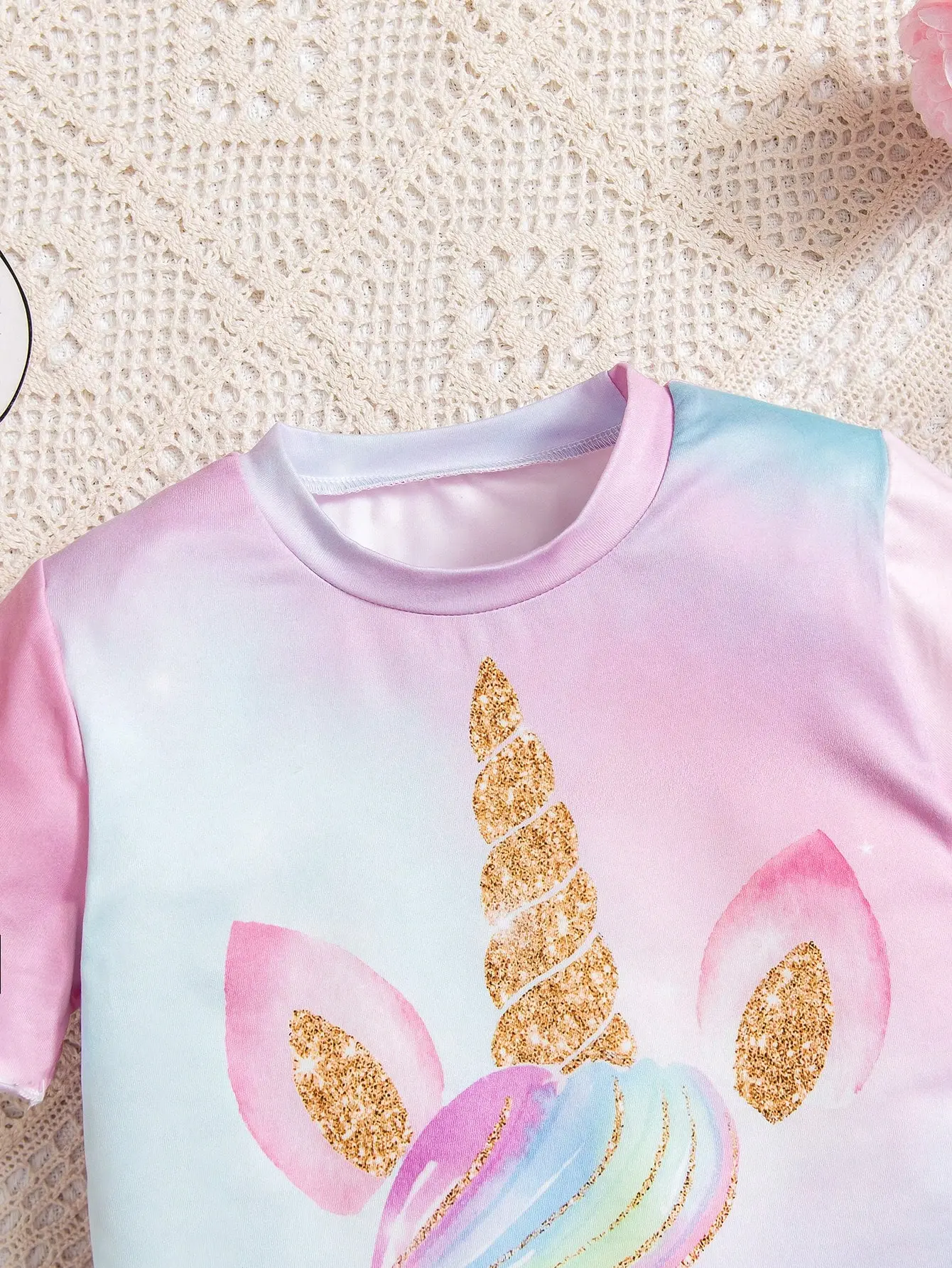 Girl's Tie-Dye Unicorn Tee & Denim-Print Pants Set, Cute Dreamy Outfit 4-7Y, Spring-Summer Casual Home & Outdoor Wear