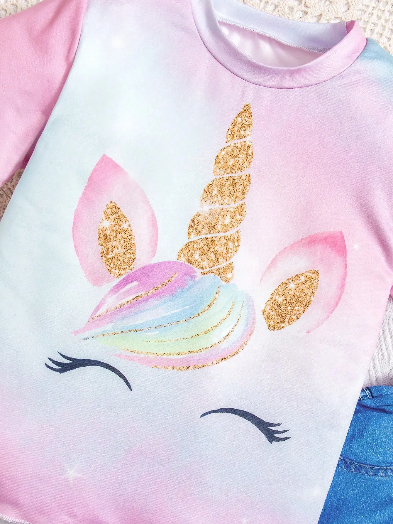 Girl's Tie-Dye Unicorn Tee & Denim-Print Pants Set, Cute Dreamy Outfit 4-7Y, Spring-Summer Casual Home & Outdoor Wear